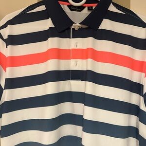 Navy and Coral Striped Men's polo - Large Worn Once